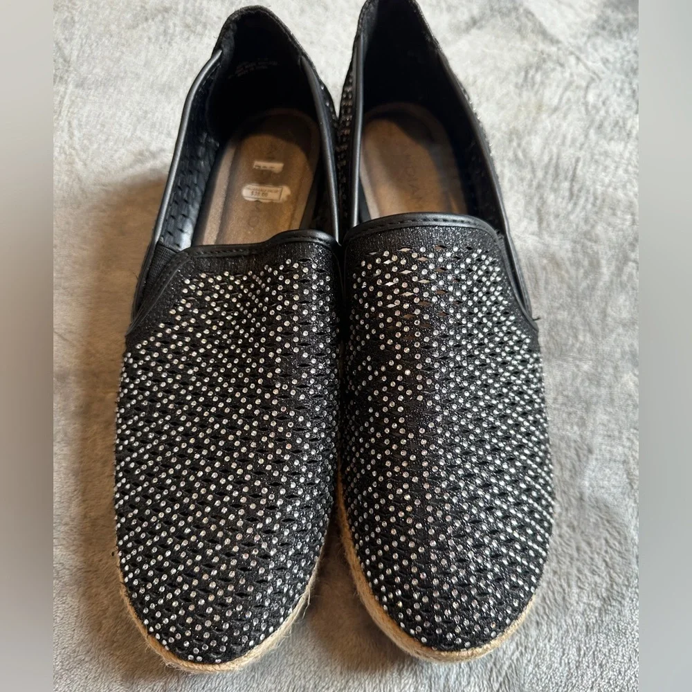 Andiamo Womens Black Rhinestone Mesh Espadrille Platform Slip On Shoes Size 9.5